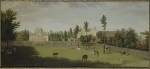 Blick auf die neue Villa, das alte Haus und die Stallungen von der anderen Seite der Burlington Lane, Chiswick Villa