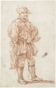 Stehender Jäger mit zwei toten Hasen