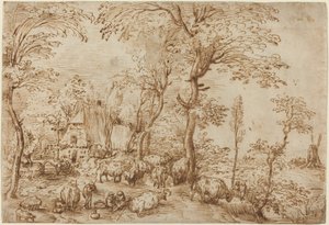 Bauern und Vieh in der Nähe eines Bauernhauses von Pieter Bruegel the Elder