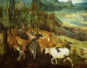 Die Rückkehr der Herde im Herbst (Detail) von Pieter Bruegel the Elder