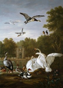 Schwäne, Enten und andere Vögel in einem Park von Pieter Casteels
