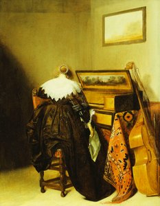 Eine sitzende Dame von hinten vor einem Virginal