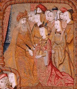Flämischer Wandteppich. Serie Triumphe der Mutter oder Paños de Oro. Verkündigung. Zweiter Wandteppich der Serie. Modell Colin de Cooter (?). Herstellung Pieter van Aelst (oder van Edingen), Brüssel. Ca. 1500-1502. Stoff Gold, Silber, Seide und Wo
