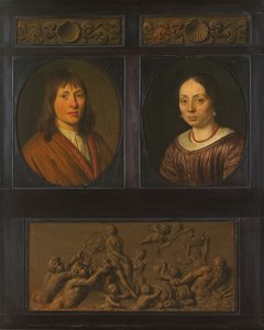 Porträts eines Mannes und einer Frau, eingerahmt mit zwei ornamentalen Friesminiaturen mit Muschelmotiv und einem Triumph der Amphitrite