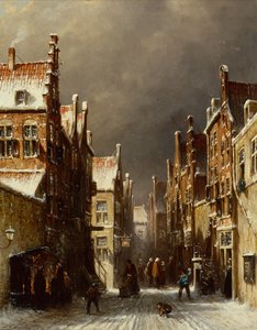 Winterstraßenszene mit Kindern, die Schneebälle werfen