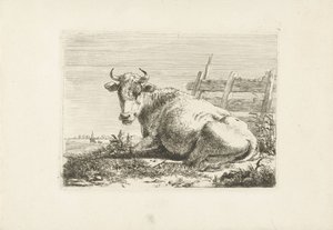 Liegende Kuh bei einem Zaun von Pieter Gerardus van Os