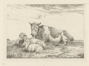 Schlafende Kuh mit Schaf und Lamm