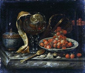 Stillleben mit chinesischer blau-weißer Schale und Deckel, Glas Roemer, Goldlöffel und Früchten