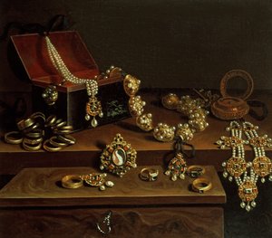 Schmuckkästchen auf einem Tisch, hauptsächlich deutschen Ursprungs (1600-50) von Pieter Gerritsz. van Roestraten