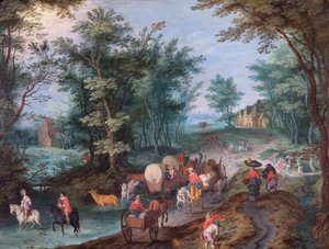 Landschaft mit Figuren, die einen Bach überqueren