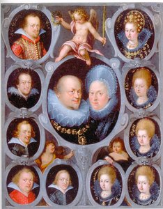 Herzog Friedrich I. (1557-1608) (r. 1593-1608) und Herzogin von Württemberg Sibylla mit zehn ihrer Kinder