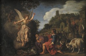 Der Engel Raphael verabschiedet sich von dem alten Tobit und seinem Sohn Tobias