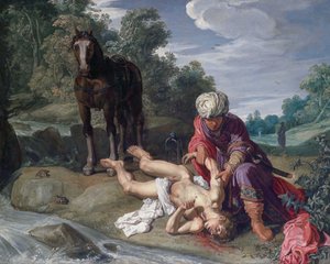 Der barmherzige Samariter, der die Wunden des Reisenden versorgt (Lukas 10:25-37) von Pieter Lastman