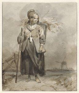 Stehende Frau mit Stock und Korb auf dem Rücken