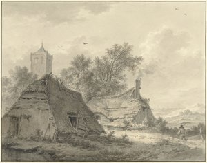 Landschaft mit zwei Bauernhöfen und einem Kirchturm