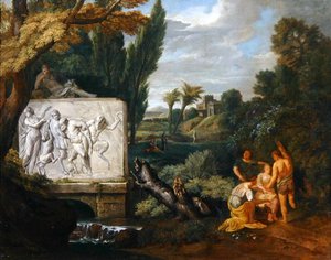 Eine klassische Landschaft mit tanzenden Mädchen bei einem Sarkophag, der den Triumph des Silenus darstellt