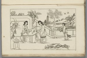 Landschaft mit zwei chinesischen Frauen, die ein Kartenspiel spielen von Pieter Schenk (II)