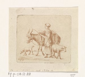 Hirtin mit Maultier, Schaf und Hund