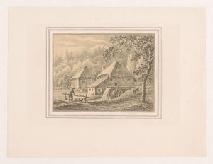 Landschaft mit Wassermühle und Scheune