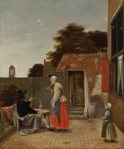 Ein Mann raucht und eine Frau trinkt in einem Hof, um 1658-60 von Pieter de Hooch