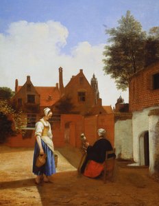 Hof in Delft am Abend: eine Frau beim Spinnen von Pieter de Hooch