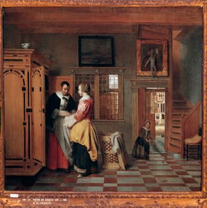 Innenraum mit Frauen neben einer Wäschetruhe von Pieter de Hooch