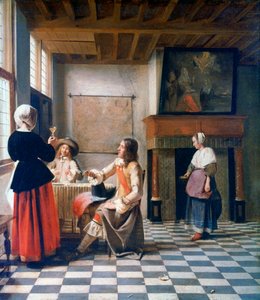 Innenraum, Frau trinkt mit zwei Männern und einer Dienstmagd, um 1658