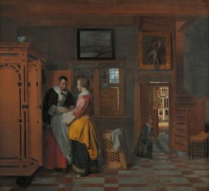 Innenraum mit Frauen neben einem Wäscheschrank von Pieter de Hooch