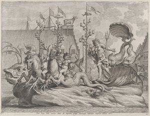 Platte 35: Philipp von Spanien als Neptun, reitend in einem von zwei Seepferdchen gezogenen Wagen von Pieter de Jode II