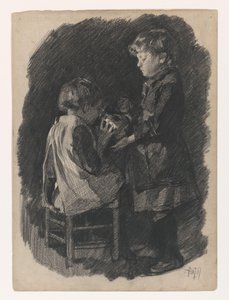Ein kleines Mädchen lässt eine Schwester aus einer Kanne Milch trinken von Pieter de Josselin