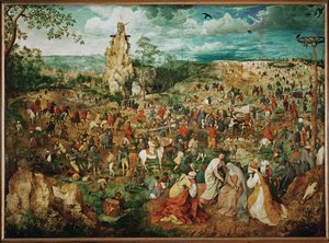 Das Tragen des Kreuzes mit Bruegels Selbstporträt rechts vom Baumstamm von Pieter the Elder Bruegel