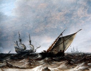 Ein Smalschip und ein Kriegsschiff in stürmischer See
