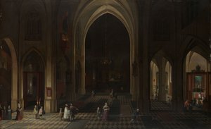 Innenraum einer gotischen Kirche bei Nacht, Blick nach Osten