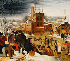 Stadtbewohner beim Schlittschuhlaufen auf einem Burggraben von Pieter the Younger Brueghel