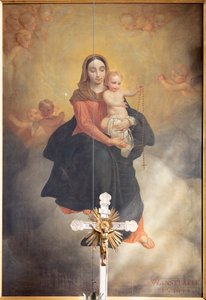 Innenansicht, Gemälde "Unsere Liebe Frau mit Kind mit Rosenkranz", Altarbild am Hauptaltar von Pierre Van Hanselaere