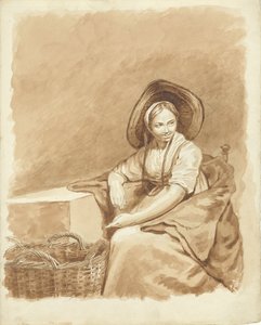 Sitzendes Mädchen mit einem großen Hut und einem Korb von Pieter van Loon