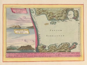 Ansicht des Felsens von Gibraltar und eine Karte der Straße von Gibraltar