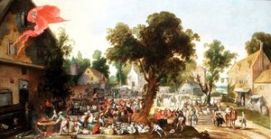 Bauern feiern einen Festtag in einer Dorfstraße