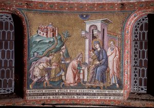 Anbetung der Mosaik-Magi der Apsis von Pietro Cavallini (aktiv um 1273-1330) Ende des 13. Jahrhunderts (Anbetung der Magi, Mosaik aus der Apsis von Pietro Cavallini, Ende des 13. Jahrhunderts) Rom, Kirche Santa Maria in Trastevere Italien