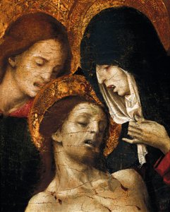 Kreuzabnahme (Deposizione), Detail von Johannes, der Jungfrau Maria und Christus, frühes 16. Jahrhundert von Pietro Cavaro