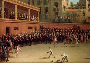 Italienisches Ballspiel (palla a bracciale) im Innenraum. Gemälde von Pietro Fabris von Pietro Fabris