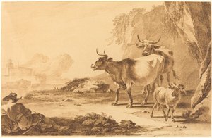 Landschaft mit Vieh, einer Ziege und einem ruhenden Hirten