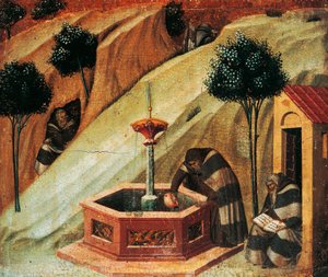 Karmelit schöpft Wasser aus der Quelle des Propheten Elija (Detail)