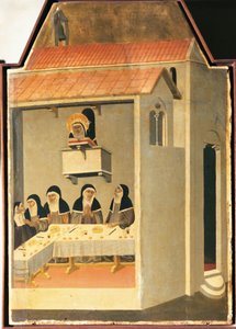 Die gesegnete Demut liest auf wundersame Weise im Refektorium von Santa Perpetua, Kachel aus dem Altarbild der gesegneten Demut