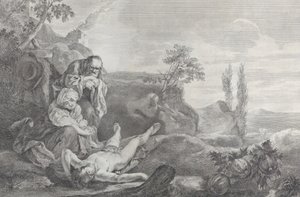 Adam und Eva als älteres Paar, trauernd über die Leiche von Abel von Pietro Monaco