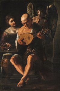 Ein älterer Mann spielt Gitarre mit einer Frau und einem Putto von Pietro Paolini
