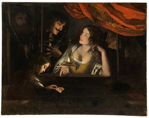 Figuren in einem Innenraum um eine Laterne