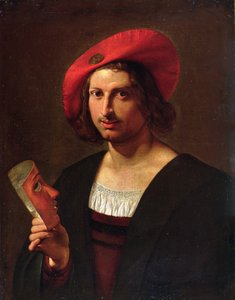 Porträt eines jungen Mannes mit einem Abzeichen am Hut, der eine Maske hält