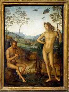 Apollo und Marsyas (Marsyas spielt Flöte vor Apollo)