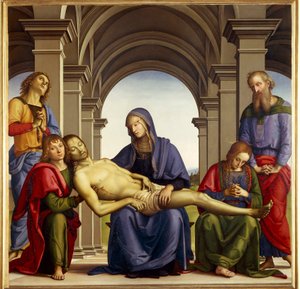 Pieta. Dargestellt um den Körper von Jesus Christus: Heiliger Joseph von Arimathia, Heiliger Nicodema, Heilige Maria Magdalena, Heiliger Johannes und die Jungfrau Maria von Pietro Perugino
